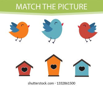 Educational children game. Matching game worksheet for kids. Match by color. Find pairs of birds and birdhouse. Learning colors