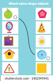 Educational children game. Matching game worksheet for kids. Match objects wth same shape. Learning geometric shapes with real life objects. Study forms and figures