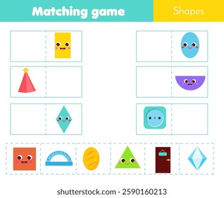 Educational children game. Matching game worksheet for kids. Match by shape. Learning geometric form. Semicircle, traingle, rectangle, square