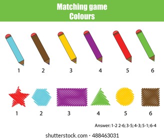 Erzieherisches Kinderspiel. Übereinstimmendes Spielblatt für Kinder. Lernthema Farben und Formen