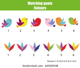 Educational children game. Matching game worksheet for kids. Match by color. Find pairs of birds and feathers. Learning colors, animals theme