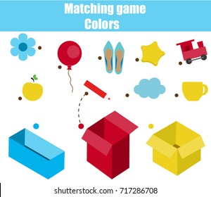 Educational children game. Matching game worksheet for kids. Match by color. Sorting objects for toddlers. Learning colors