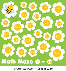 Educational children game. Mathematics maze. Labyrinth with equations. Counting from one to ten. Help bee find flower. Activity for kids