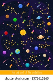 Educational children game, vector illustration. Solar system. Constellations. 