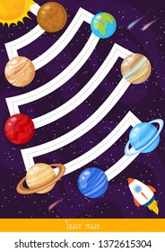 Educational children game, vector illustration. Puzzle for kids. Space maze