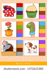 Educational children game, vector illustration. Match by color. Printable worksheet