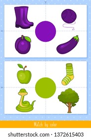Educational children game, vector illustration. Match by color. Printable worksheet