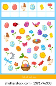 Educational children game, vector illustration.  Easter found and count.