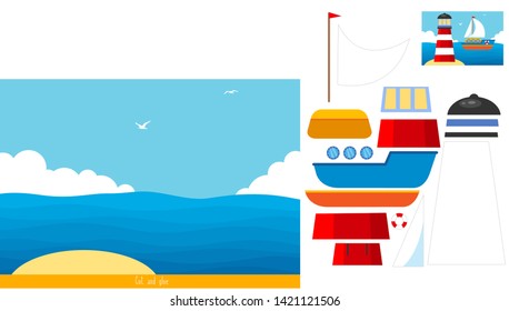 Educational children game, vector illustration. Cut and glue