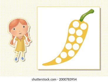 Juego infantil educativo, ilustración vectorial. Coincidir por color. Hoja de cálculo imprimible. Pintura de dedo, coloreado. Pimienta amarilla. Niña