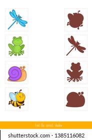Educational children game, vector. Logic game for kids. Find the correct shadow