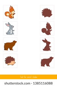 Educational children game, vector. Logic game for kids. Find the correct shadow