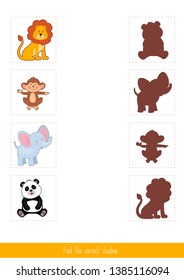 Educational children game, vector. Logic game for kids. Find the correct shadow