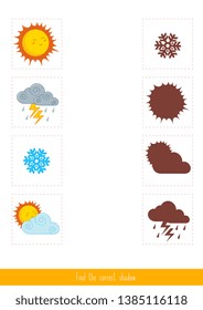 Educational children game, vector. Logic game for kids. Find the correct shadow