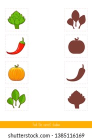Educational children game, vector. Logic game for kids. Find the correct shadow