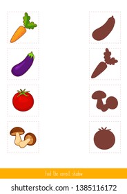 Educational children game, vector. Logic game for kids. Find the correct shadow