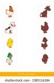Educational children game, vector. Logic game for kids. Find the correct shadow