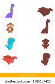 Educational children game, vector. Logic game for kids. Find the correct shadow