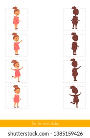 Educational children game, vector. Logic game for kids. Find the correct shadow