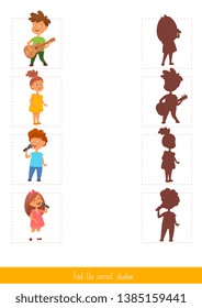Educational children game, vector. Logic game for kids. Find the correct shadow