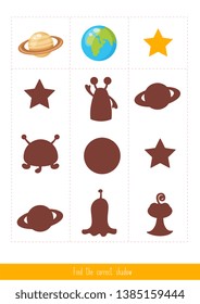 Educational children game, vector. Logic game for kids. Find the correct shadow