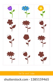 Educational children game, vector. Logic game for kids. Find the correct shadow