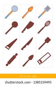 Educational children game, vector. Logic game for kids. Find the correct shadow