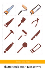 Educational children game, vector. Logic game for kids. Find the correct shadow