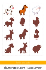 Educational children game, vector. Logic game for kids. Find the correct shadow