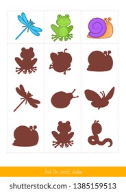Juego infantil educativo, vector. Juego lógico para niños. Buscar la sombra correcta