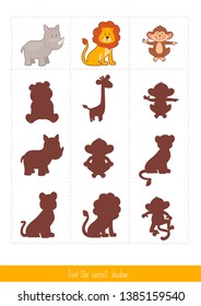 Educational children game, vector. Logic game for kids. Find the correct shadow