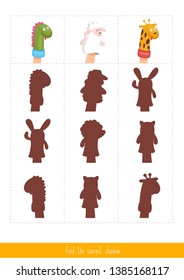 Educational children game, vector. Logic game for kids. Find the correct shadow