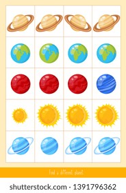 Educational children game, vector. Logic game for kids. Find a different planet.
