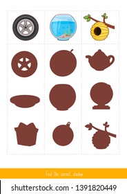 Educational children game, vector. Logic game for kids. Find the correct shadow 