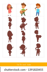Educational children game; vector. Logic game for kids. Find the correct shadow