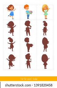 Educational children game, vector. Logic game for kids. Find the correct shadow 
