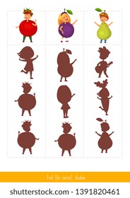Educational children game, vector. Logic game for kids. Find the correct shadow 