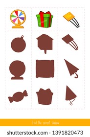 Educational children game, vector. Logic game for kids. Find the correct shadow 