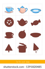 Educational children game, vector. Logic game for kids. Find the correct shadow 