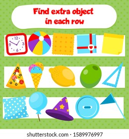 Educational children game. What does not fit logic game. Find odd one, extra object fun page for kids and toddlers. Learning colors and shapes