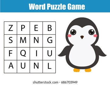 Educational children game. Word search puzzle kids activity. Animals theme. Learning vocabulary. Worksheet for pre school years