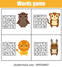 Educational children game. Word search puzzle kids activity. Animals theme. Learning vocabulary. Worksheet for pre school years