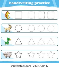 Educational children worksheet with animals. Tracing geometry shapes