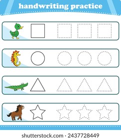 Educational children worksheet with animals. Tracing geometry shapes