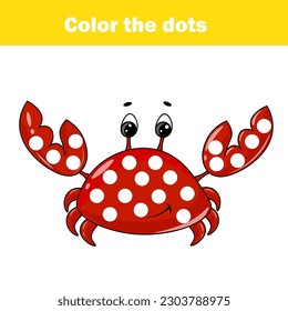 Juego educativo para niños. Color el punto para niños y niños pequeños. Tema animal, cangrejo de dibujos animados. Hoja de trabajo de habilidades motoras para preescolares