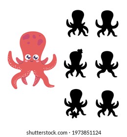 Educational children`s game - find the correct shadow. Preschool activity. Vector isolated cute octopus on the white backgroud. 