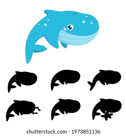 Educational children`s game - find the correct shadow. Preschool activity. Vector isolated cute whale on the white backgroud. 