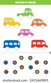 Erzieherisches Kinderspiel. Ein passender Spieltisch für Kinder. Entspricht der Farbe. Finden Sie Paare von Autos und Rädern. Wir studieren Farben, Verkehrsthemen. Schneiden und Einfügen. Kinderkarten