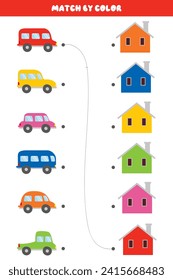 Erzieherisches Kinderspiel. Matching Tisch für Spiele für Kinder. Entspricht der Farbe. Finden Sie Paare von Autos und Häusern. Farbenlernen, Verkehrsthema. Kinderkarten