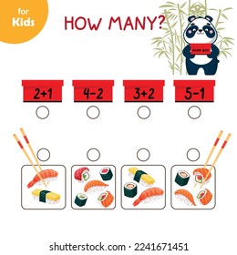 Educational children's game. Math game, solve an example. Match the boxes with examples and count the sushi in squares. Education, preparation for school, child development.